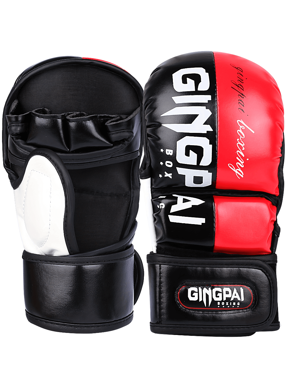 Red and black half-finger boxing gloves SF3136 designed for training and sparring, offering breathability and enhanced grip.