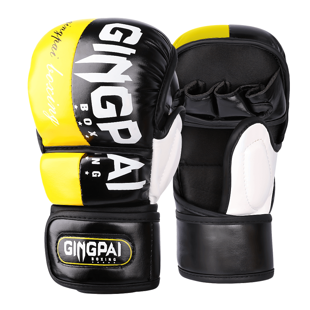 Half-finger boxing gloves SF3136 in black, yellow, and white, offering breathability, grip, and wrist support for training and sparring.