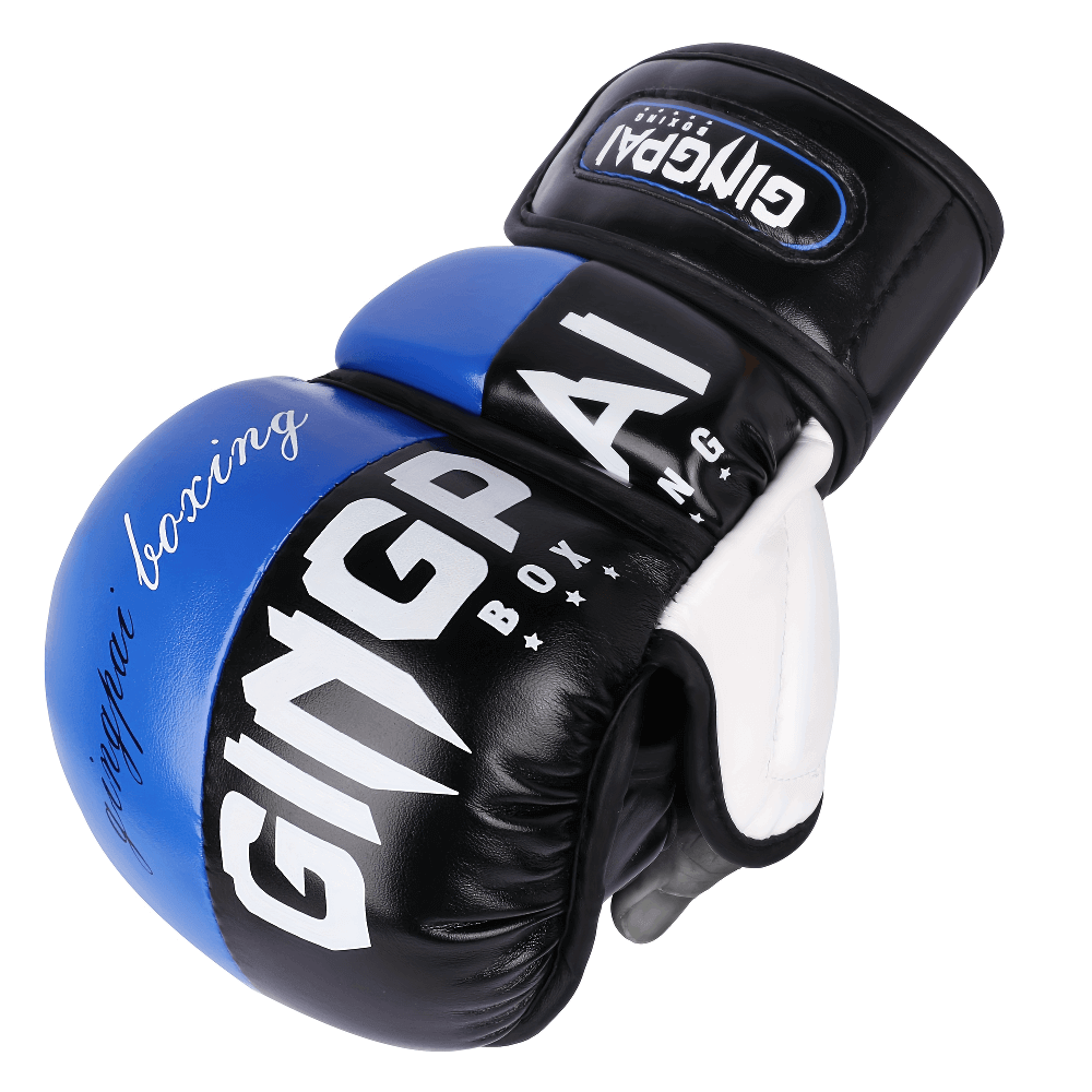 Half-finger boxing gloves SF3136 in black and blue, designed for training and sparring, offering breathability and enhanced grip.