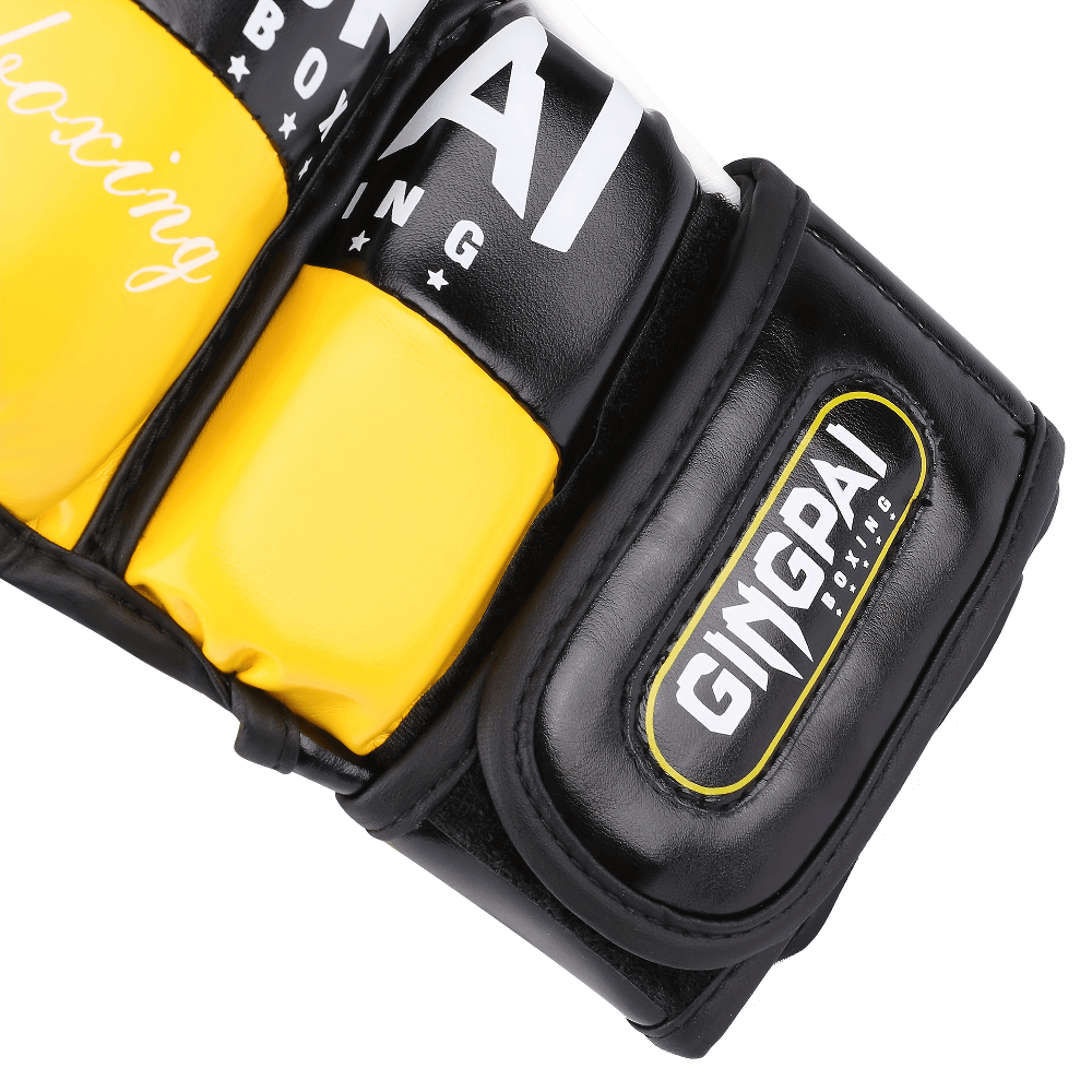 Half-finger breathable boxing gloves SF3136 in black and yellow, designed for training, offering enhanced grip and wrist support.