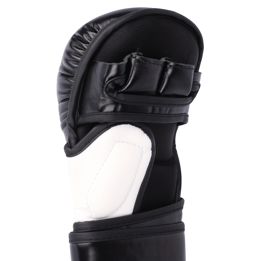 Black and white half-finger boxing glove SF3136 with breathable design for training and sparring, showing enhanced grip and wrist support.