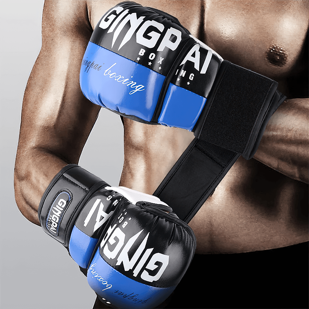 Boxer wearing half-finger boxing gloves SF3136 for sparring, showcasing breathable design and enhanced grip in blue and black.