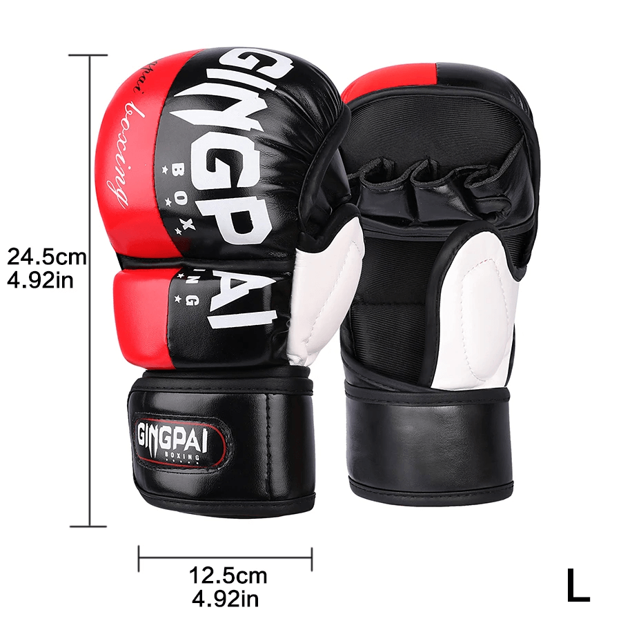 Black and red half-finger boxing gloves for training and sparring, featuring breathable design and enhanced grip, size large.