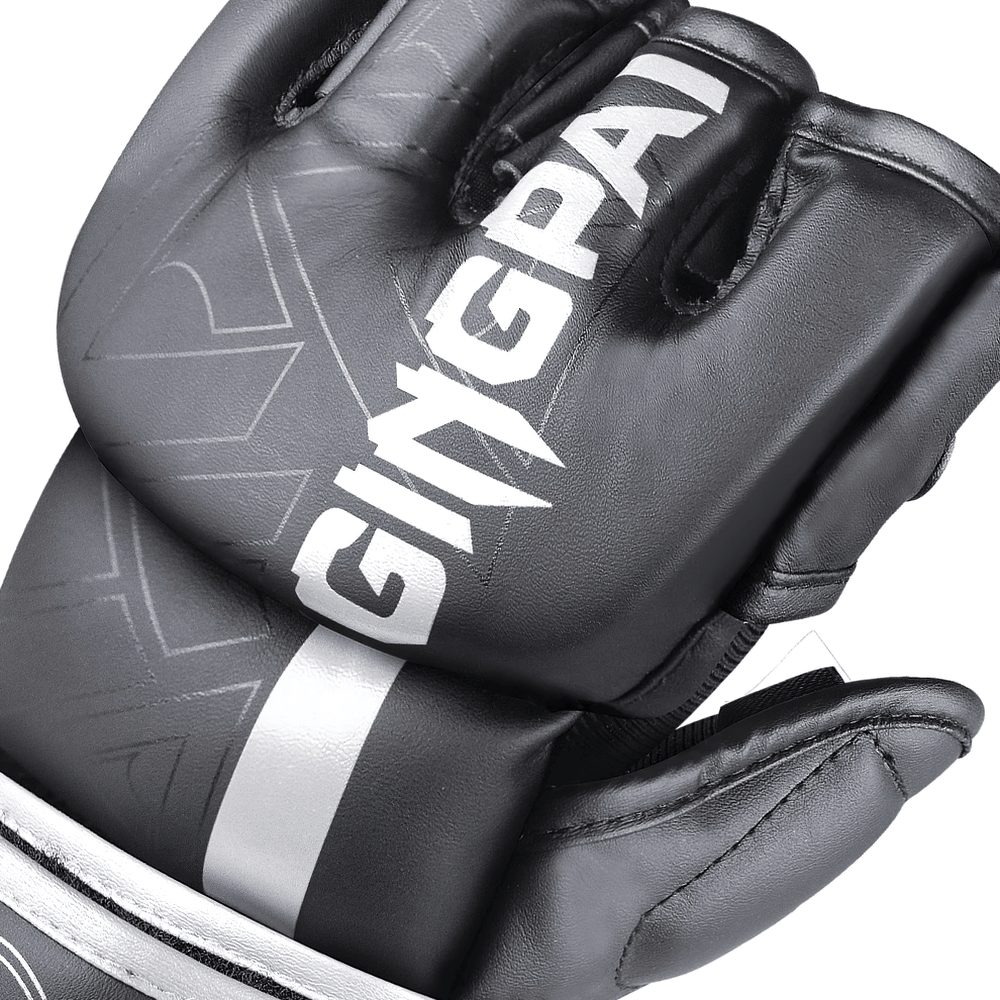 Durable black half-finger fight gloves for MMA training, featuring secure fit and enhanced shock absorption, suitable for men and women.
