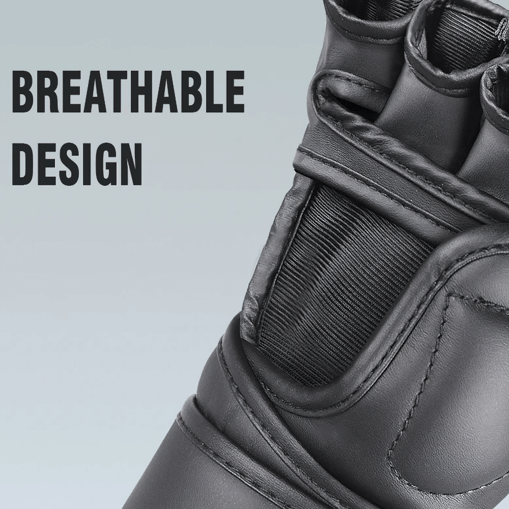 Close-up of a durable half-finger boxing glove highlighting breathable design, perfect for MMA and sparring training. Model SF2693.