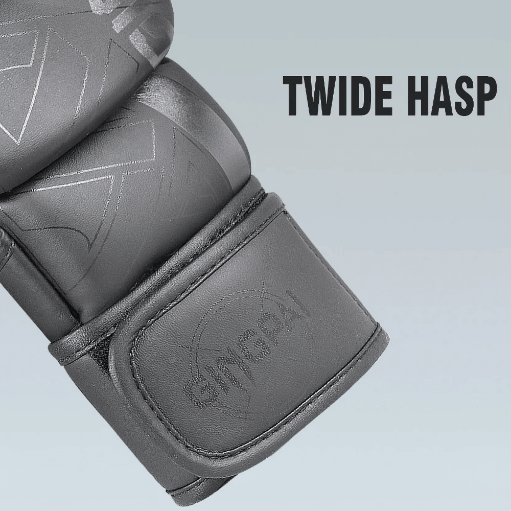 Close-up of half-finger boxing gloves with twide hasp design, ideal for MMA and sparring, made of durable PU leather.