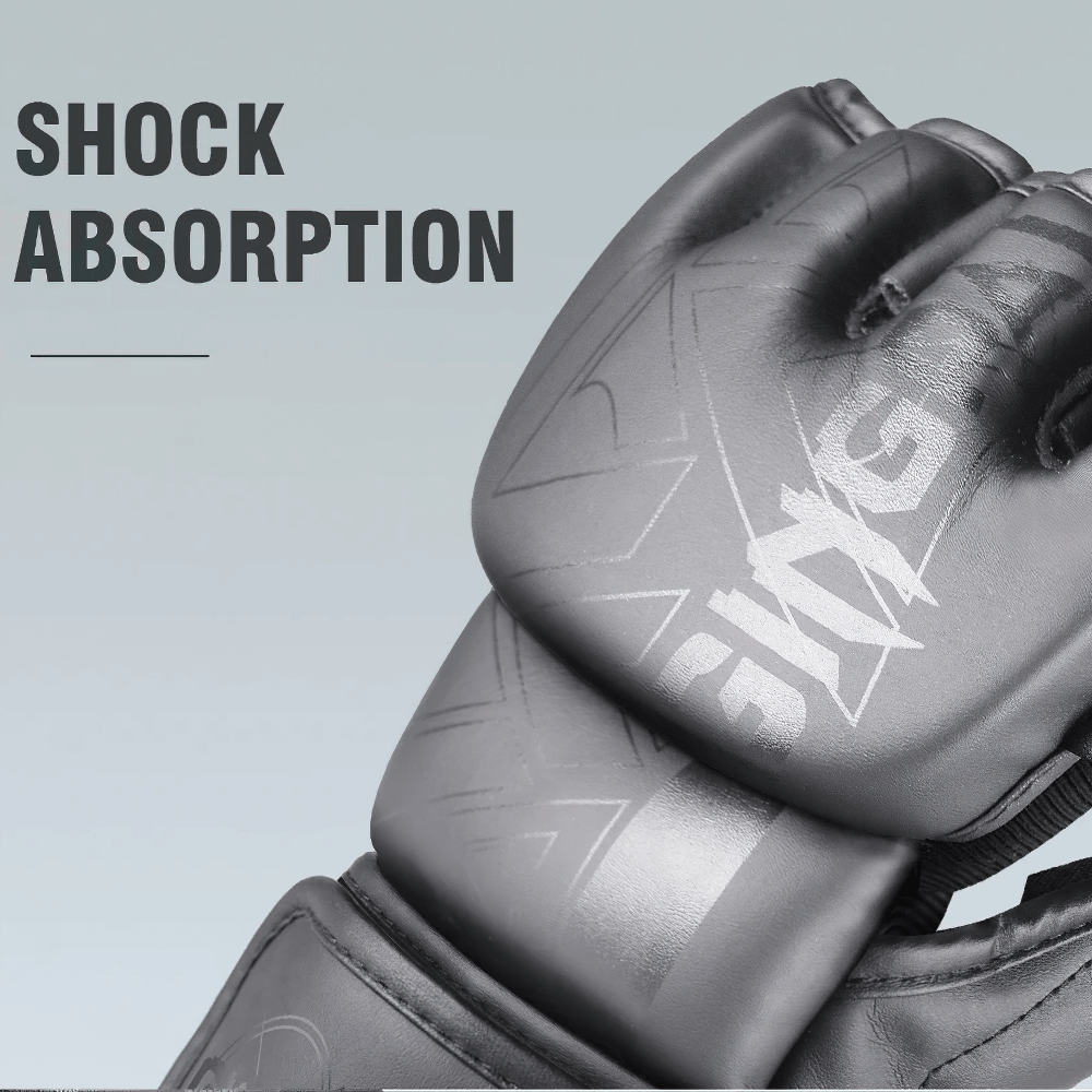 Half-Finger Fight Gloves SF2693 for MMA with shock absorption, durable PU leather, ideal for sparring and training for men and women.