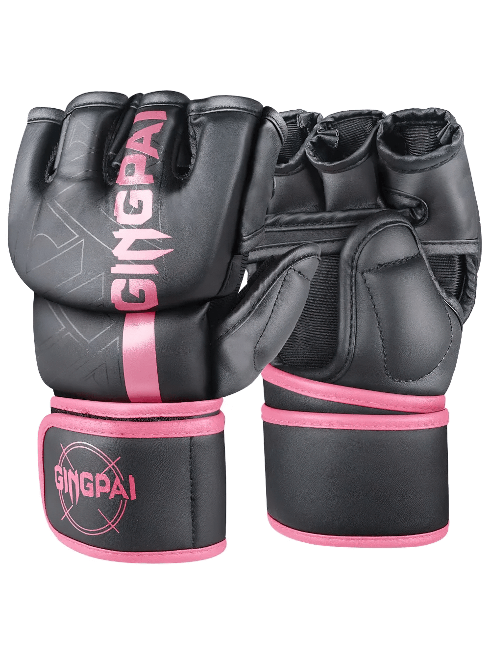 Black and pink half-finger boxing gloves SF2693 for MMA training, durable PU leather, designed for men and women.