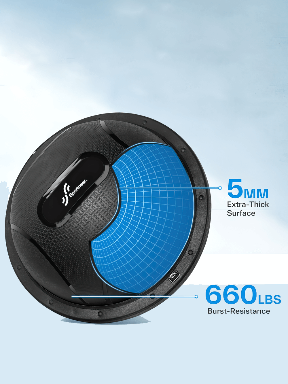 Half-sphere balance trainer with thick surface and 660 lbs capacity, ideal for strength and stability exercises.