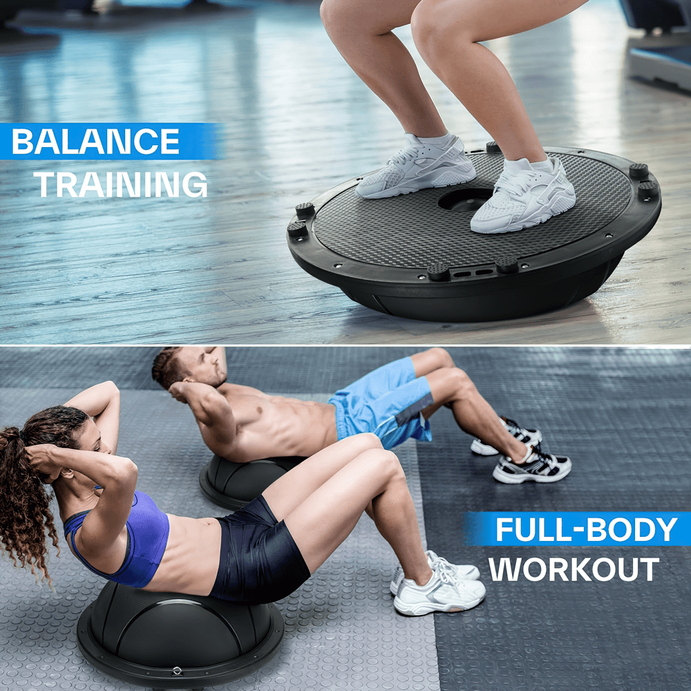 Athletes using half-sphere balance trainer for core strengthening and full-body workouts. Perfect for stability and rehabilitation exercises.