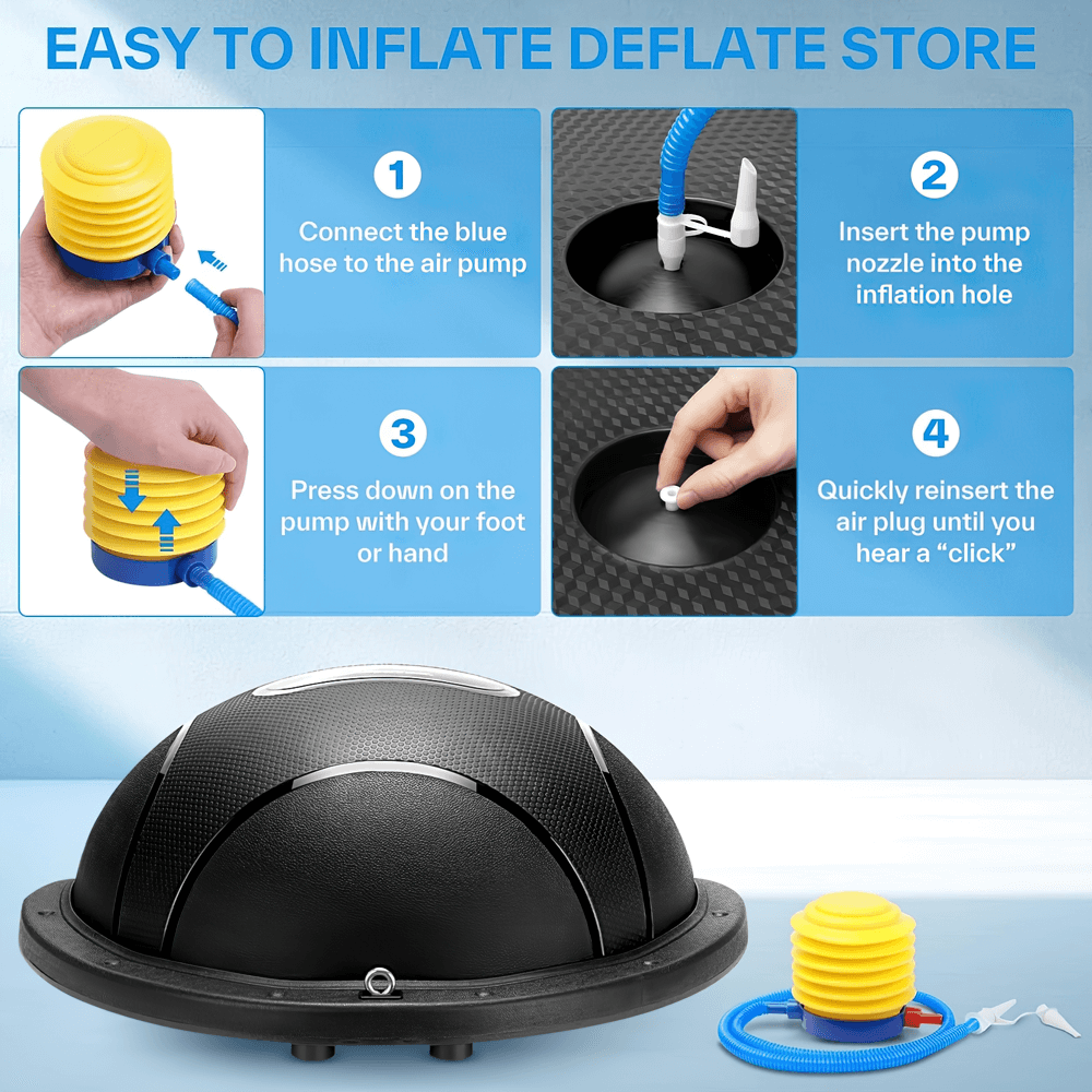 Steps to inflate the Sportneer half-sphere balance trainer using a pump. Easy setup for balance training and workouts.