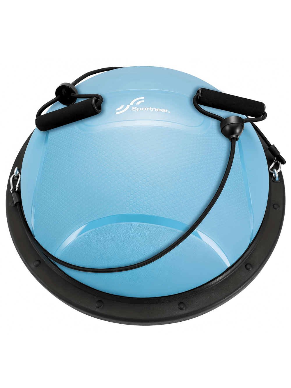 Blue half-sphere balance trainer with resistance bands for core strength and stability, features anti-slip surface and air pump included.