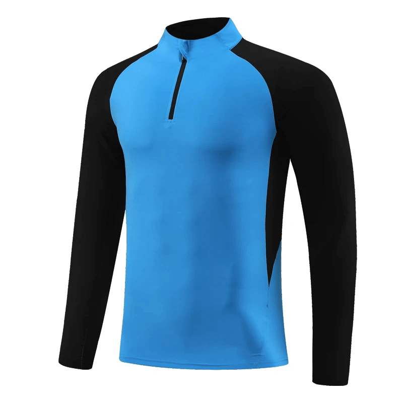 Blue and black half-zip athletic shirt for training, featuring sweat-wicking fabric and vibrant design for modern athletes.