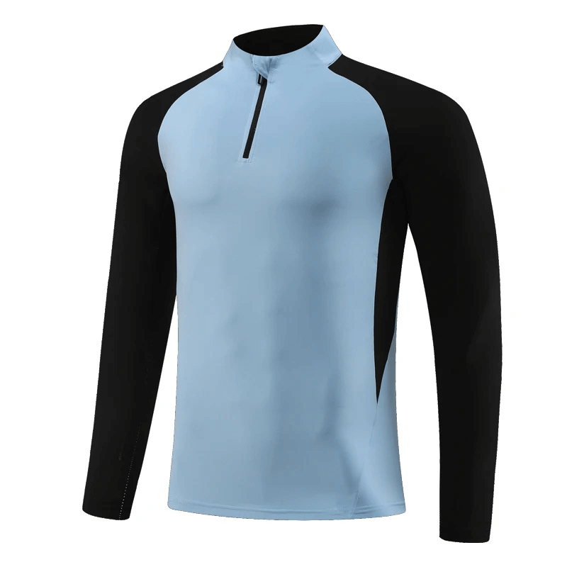 Half-Zip Athletic Colorblock Fit Training Top in blue and black, sweat-wicking fabric, perfect for high-performance workout.