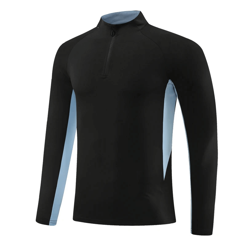 Half-Zip Athletic Colorblock Fit Training Top in blue and black, designed for performance with sweat-wicking, quick-dry fabric.