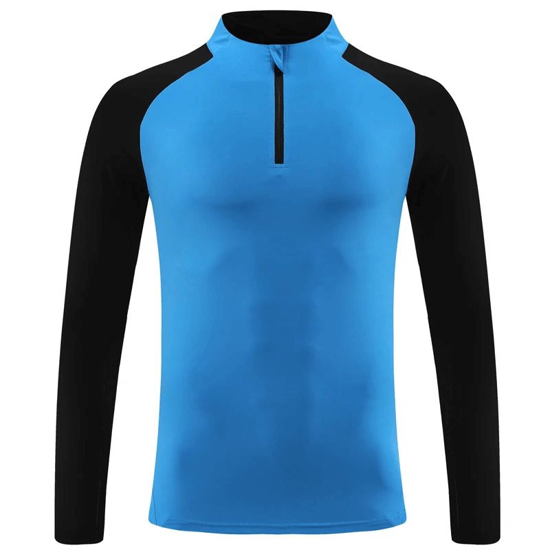 Vibrant blue and black half-zip athletic training top SF2076 with sweat-wicking fabric, perfect for workouts and muscle training.