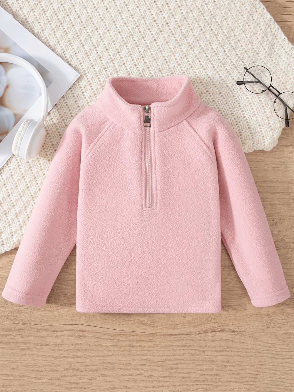 Half Zip Fleece Pullover Warm Casual Sweatshirt - SF3852 for children. Pink solid color design with half zipper on a soft surface.