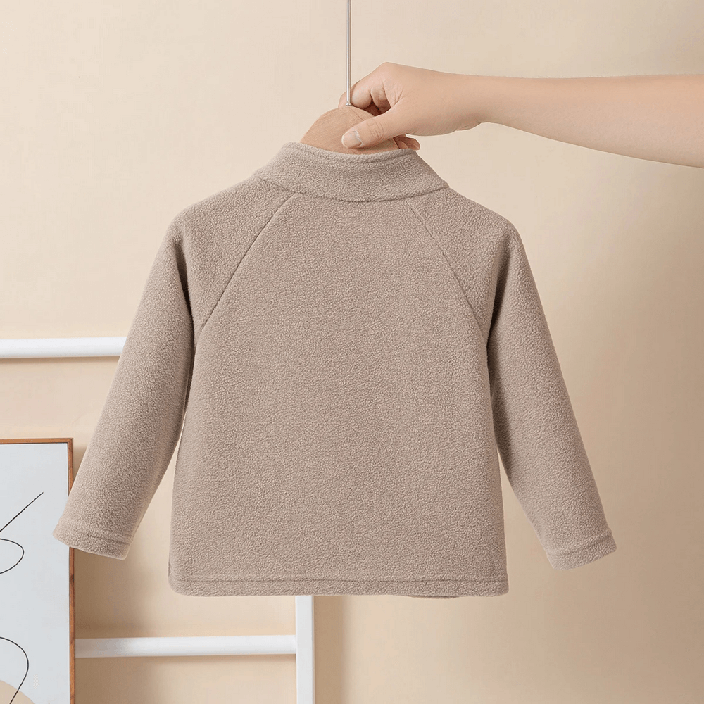 Back view of Half Zip Fleece Pullover Warm Casual Sweatshirt - SF3852 for children in beige, with stand collar and raglan sleeves.