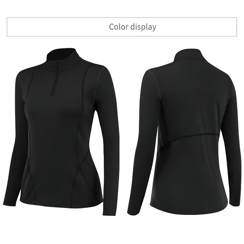 Women's black half zipper long sleeves thermal top for fitness activities.