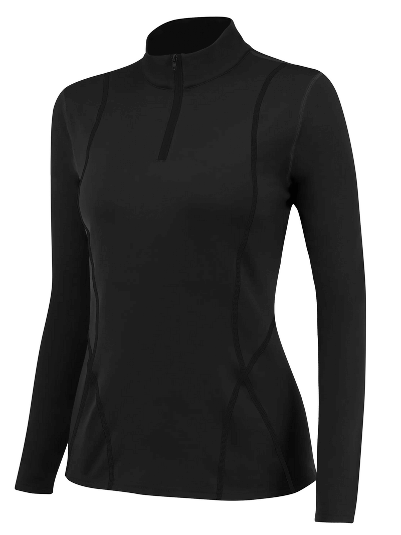 Stylish black half zipper thermal top with long sleeves for women's fitness, made from breathable polyester, ideal for outdoor activities.