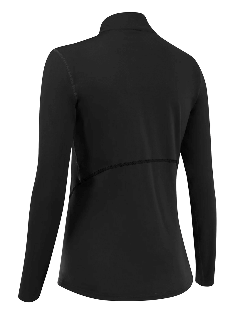 Black half zipper thermal top for fitness with long sleeves, designed for women. Breathable polyester ideal for hiking or cycling.