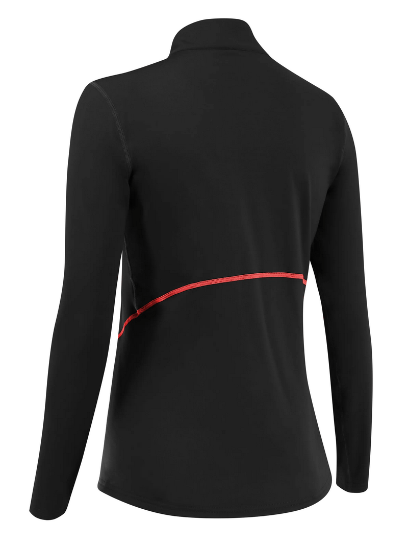 Women's black half zipper long sleeve thermal top with red accent, perfect for fitness, hiking, and cycling. SF1651.