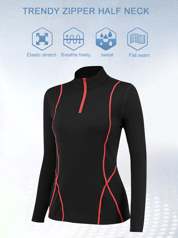 Black half zipper long sleeve thermal top for women with red accents, ideal for outdoor fitness activities.