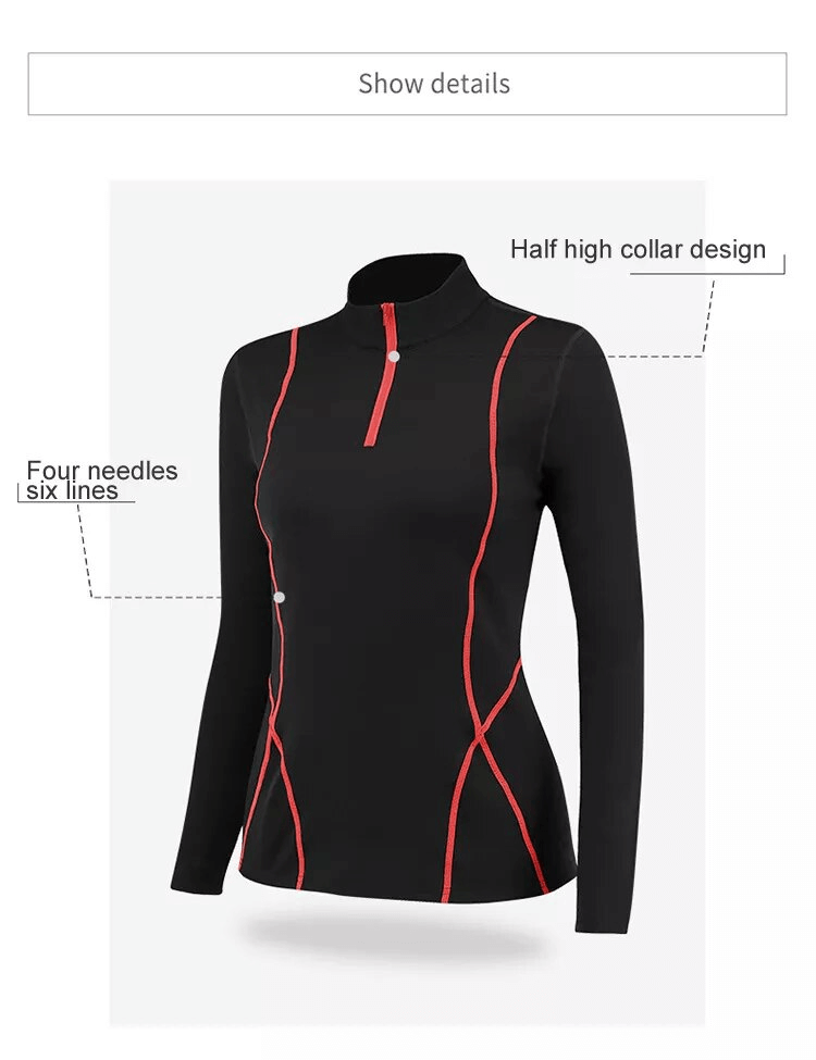 Black half zipper thermal top for fitness, featuring red seam lines, high collar, and full sleeves, perfect for outdoor activities.