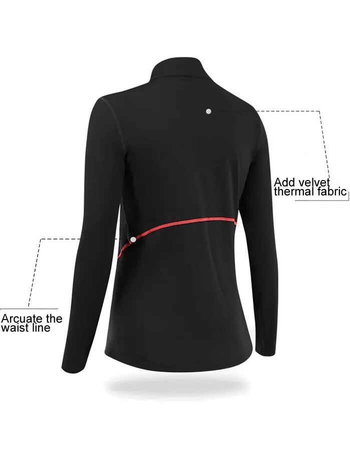 Back view of black half zipper long sleeves thermal fitness top, showing thermal fabric and waistline design.