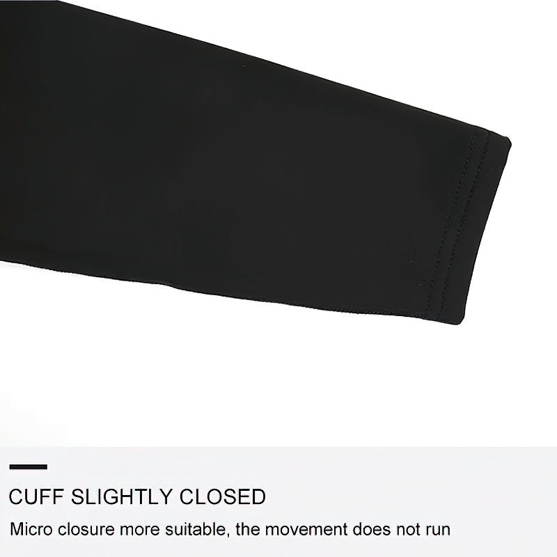 Close-up of the slightly closed cuff on a black long sleeve thermal top, highlighting the micro closure for secure fit during activities.