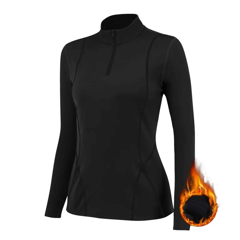 Women's half zipper long sleeves thermal top in black, designed for fitness, hiking, and cycling - model SF1651.