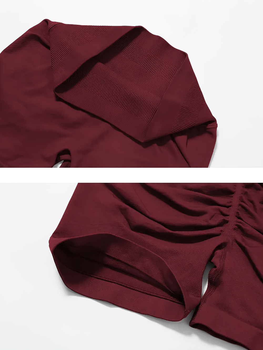 Maroon seamless high-waisted shorts, showcasing sleek material and supportive waistband ideal for activewear and workouts.