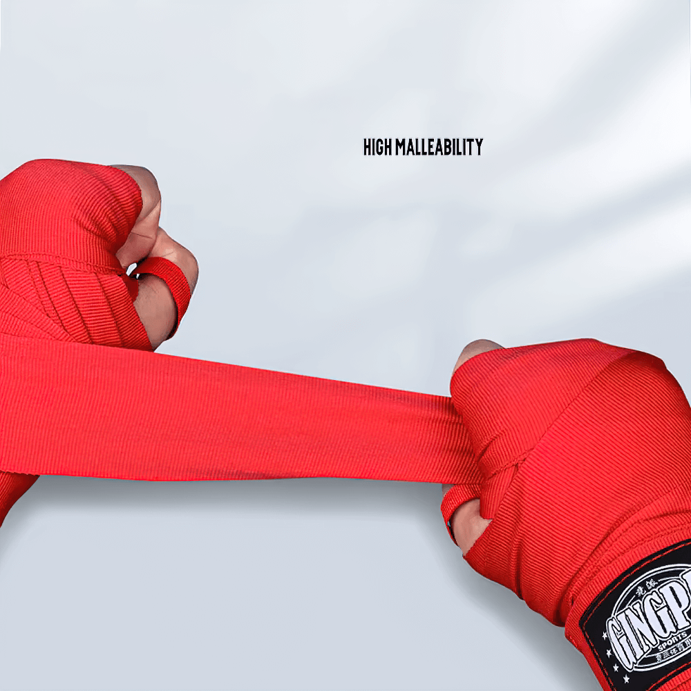 Red boxing hand wraps with thumb buckle and velcro closure for optimal hand and wrist support, showcasing high malleability.