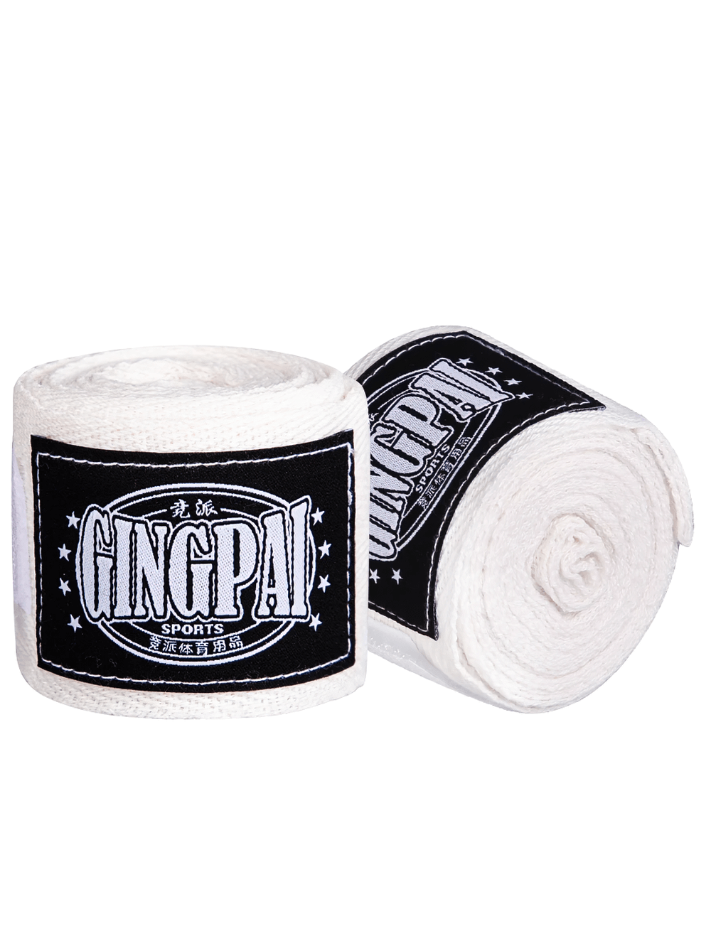 White boxing hand wraps with thumb buckle and velcro closure for optimal support, featuring ‘Gingpai Sports’ branding.