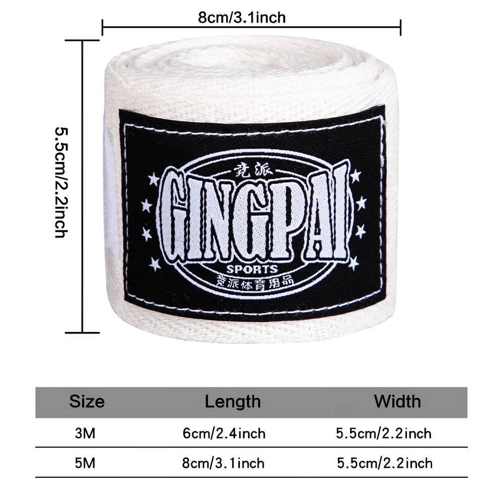 White boxing hand wrap with GINPAI logo, showing dimensions: 3m/6cm/5.5cm and 5m/8cm/5.5cm for optimal support.