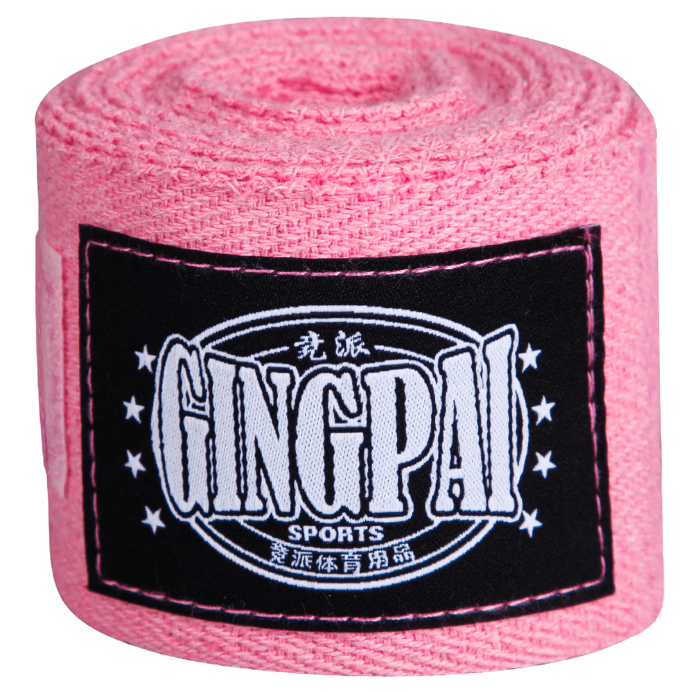 Pink boxing hand wrap with thumb buckle and velcro closure for wrist support, featuring a Gingpai logo.