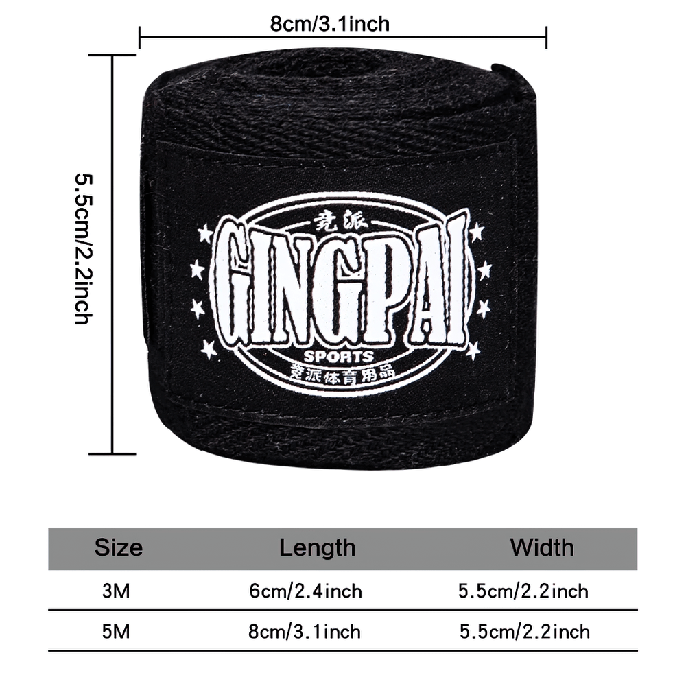 Black boxing hand wraps with thumb buckle and velcro closure for secure hand and wrist support. Measurements chart included.