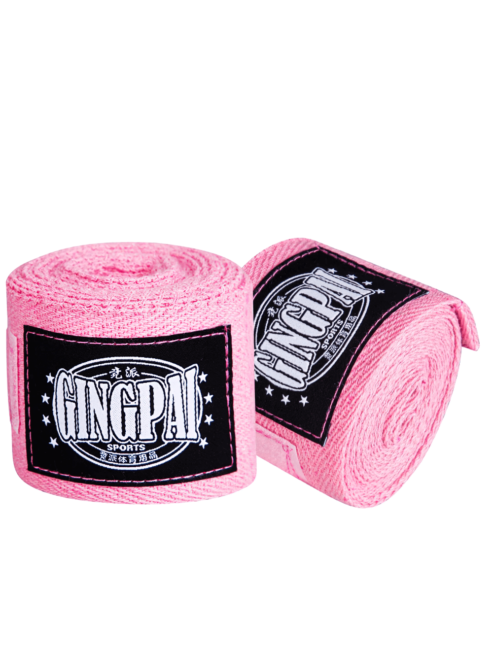 Pink boxing hand wraps with thumb buckle and velcro closure for optimal support, featuring Gingpai Sports logo.