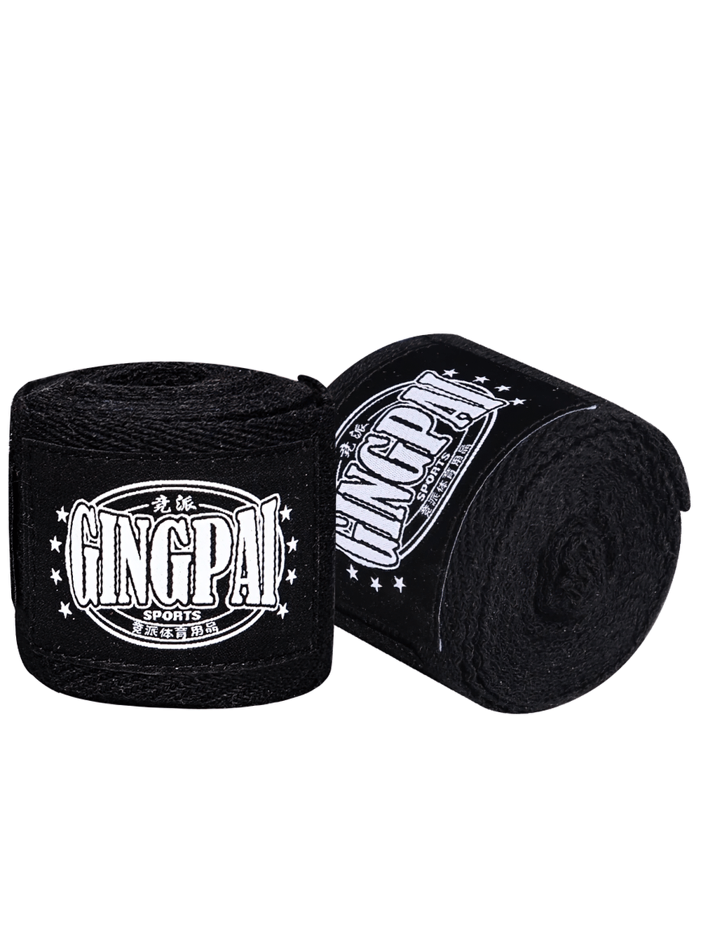 Black boxing hand wraps with thumb buckle and velcro closure for wrist support.
