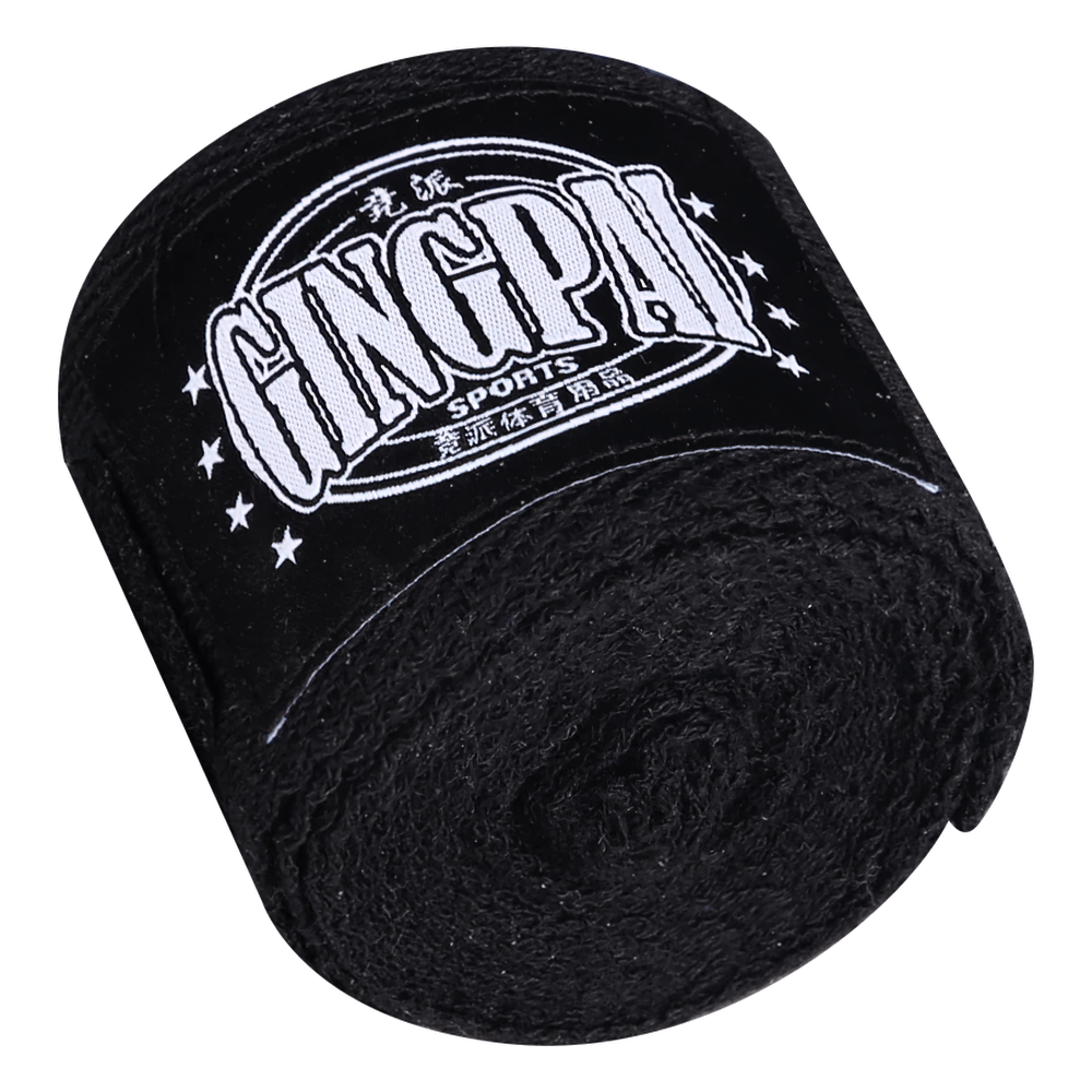 Black boxing hand wrap roll with thumb buckle and Velcro closure for optimal hand and wrist support.