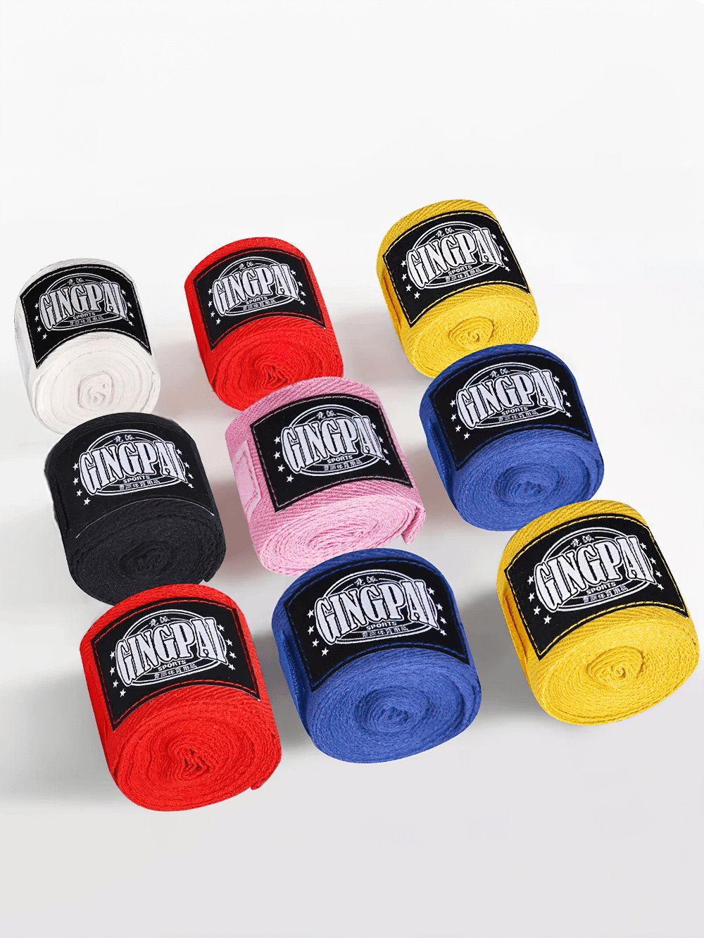 Colorful boxing hand wraps with thumb buckle and velcro closure for optimal hand and wrist support. SF3091 model shown in multiple colors.