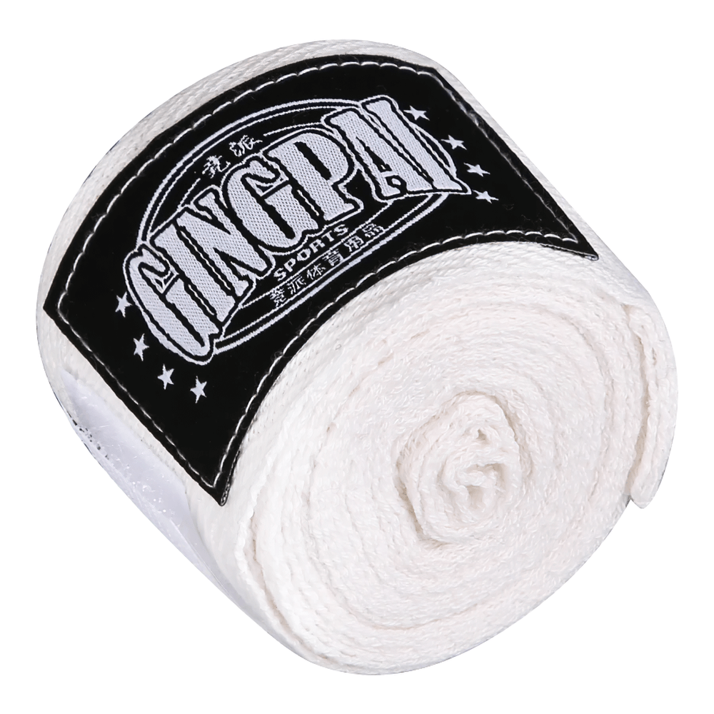 White boxing hand wraps with thumb buckle and velcro closure, providing durable hand and wrist support, perfect for training use.