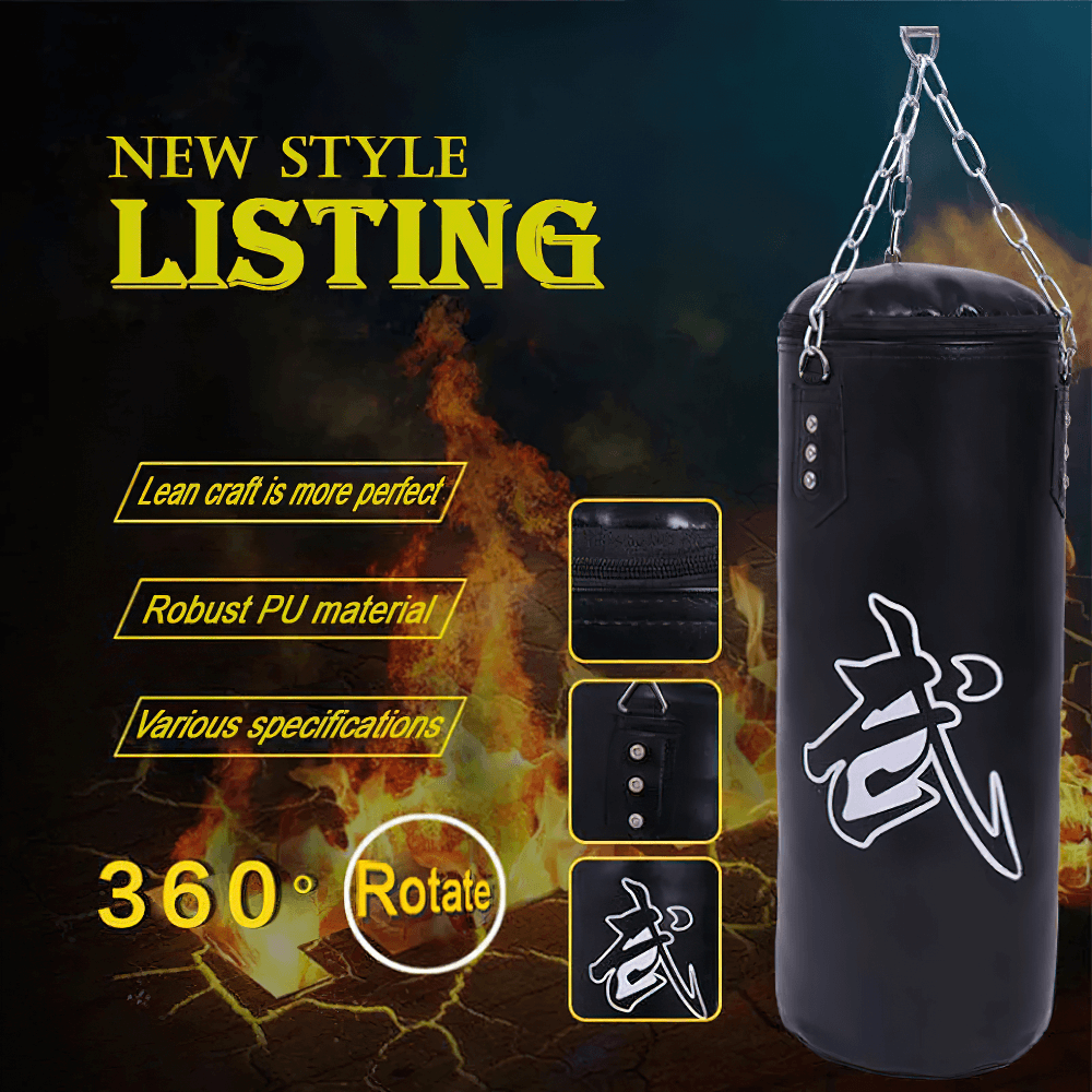 Durable hanging punching bag made of synthetic leather with reinforced chain, ideal for martial arts and boxing training sessions.