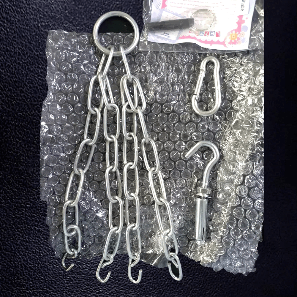 Reinforced chain kit for hanging punching bag SF2720, includes metal hooks and attachment hardware on bubble wrap.
