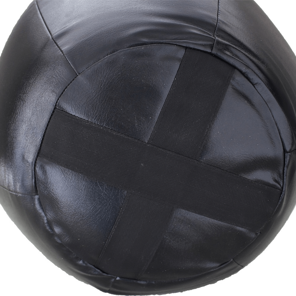 Close-up of a durable black PU leather hanging punching bag, ideal for boxing workouts and strength training.