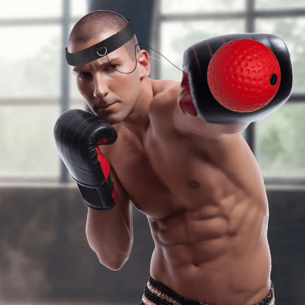 Man using Headband Boxing Reflex Ball SF3152 for MMA training indoors, practicing punches to enhance hand-eye coordination and speed.