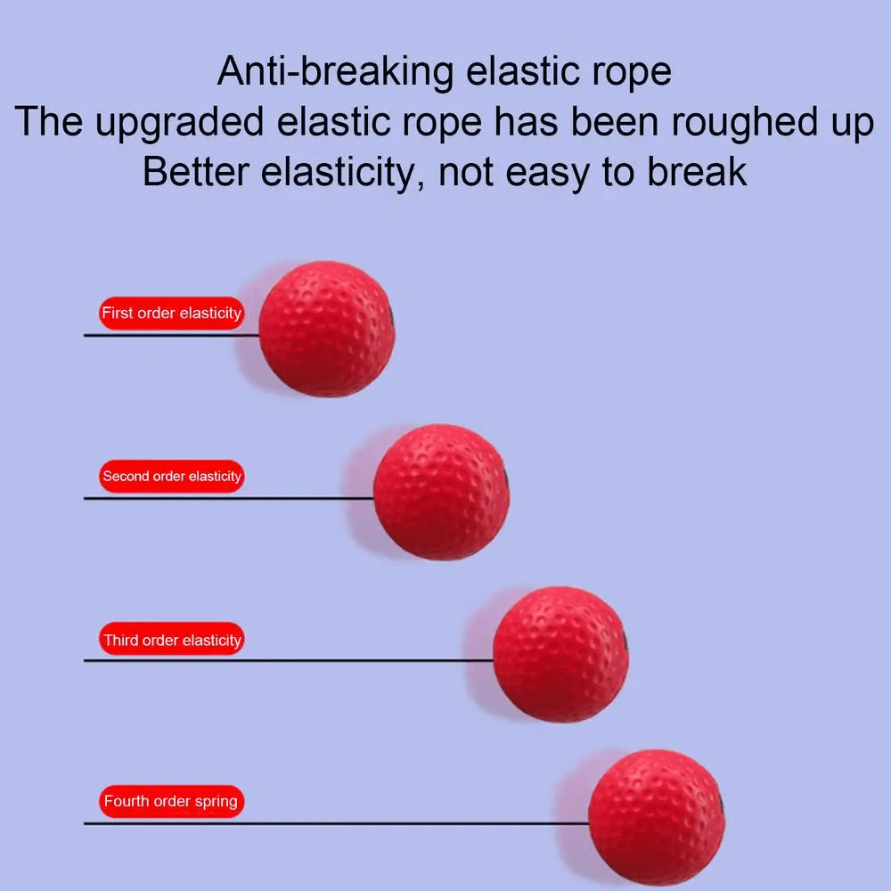 Diagram showing four red reflex balls with different elasticity levels, highlighting the durability of the upgraded elastic rope for training.