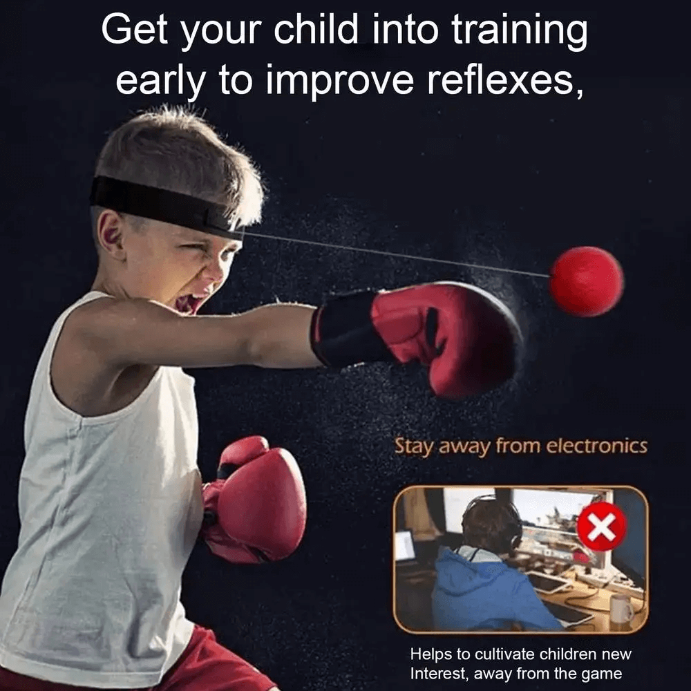 Child using a boxing reflex ball for hand-eye coordination with gloves; promoting active play over electronics.