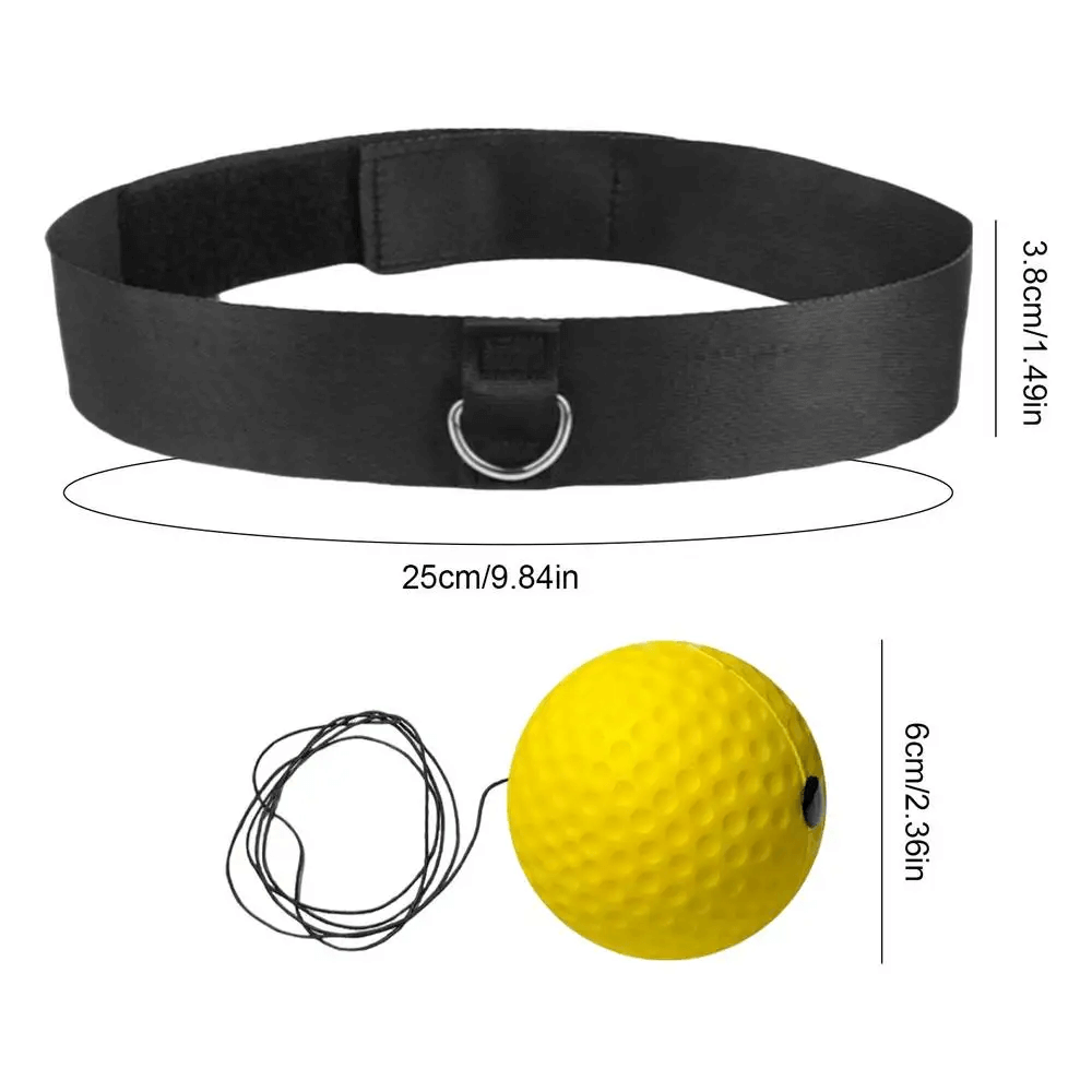 Headband and yellow PU punch ball for boxing reflex training, ideal for MMA, Muay Thai, and fitness; enhances speed and coordination.