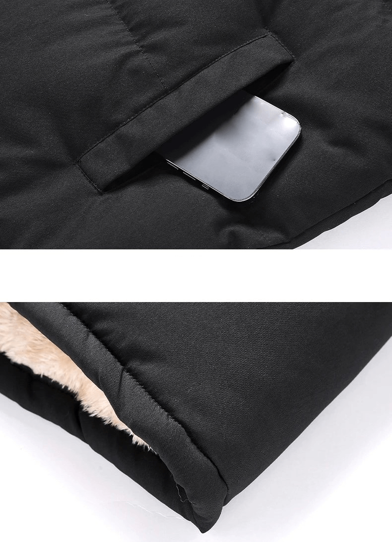 Close-up of black heated thermal vest pocket with a phone inside, showcasing insulation and comfort features.